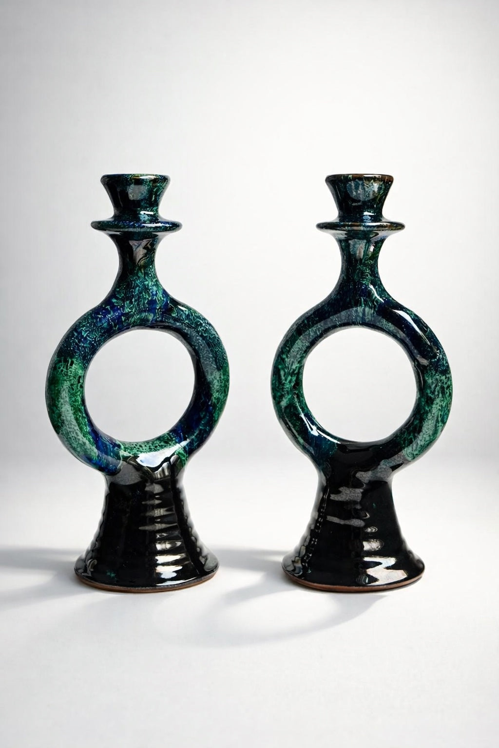 Handmade Ceramic Sculptural Candle Holders – Green & Blue Glaze