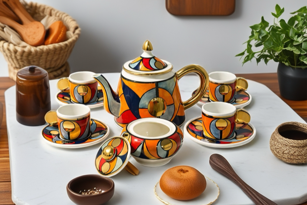 Complete Tea Set – White Clay & 12K Gold