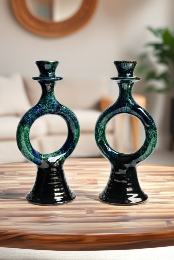 Handmade Ceramic Sculptural Candle Holders – Green & Blue Glaze