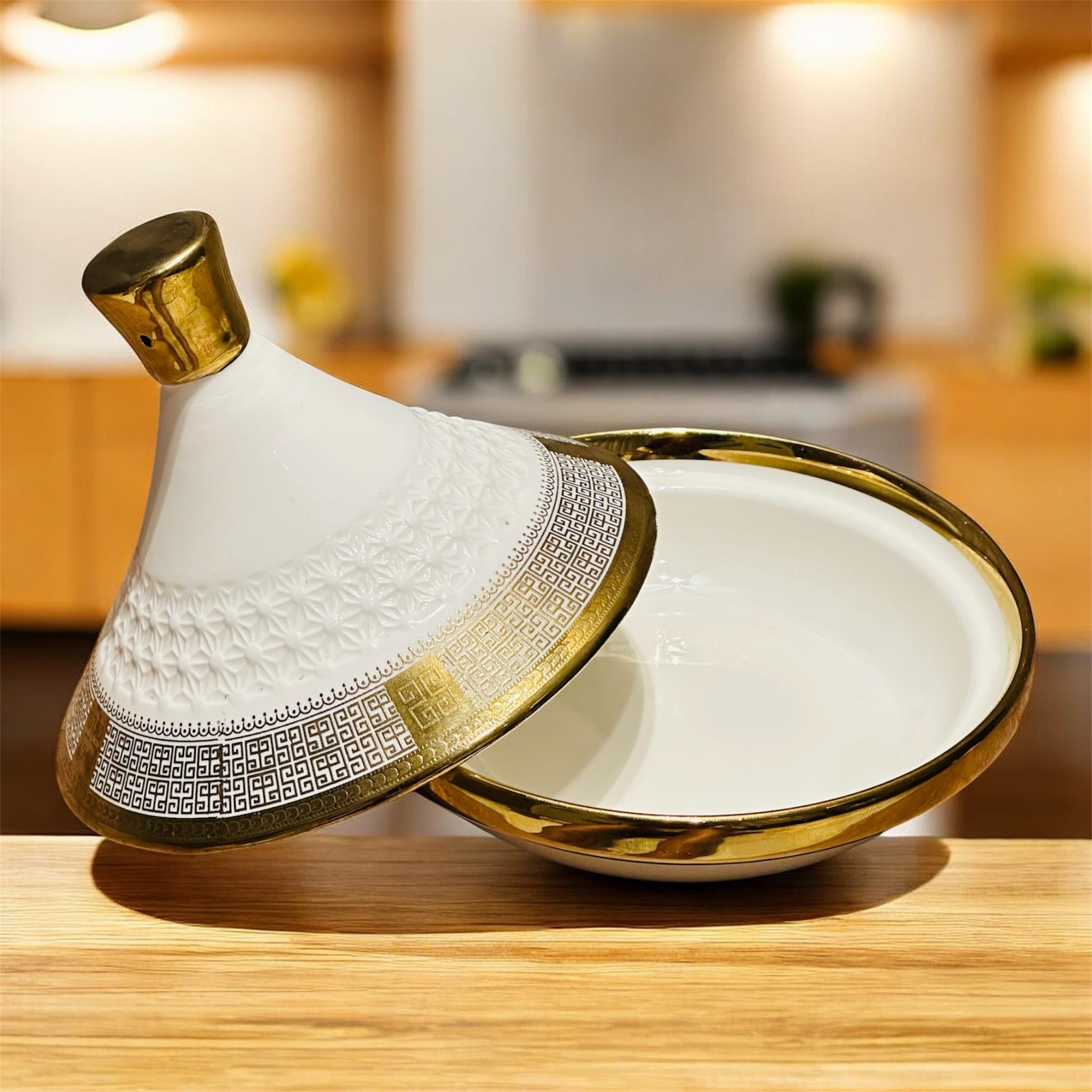 Decorative Ceramic Tagine – White & Gold Artisan Finish
