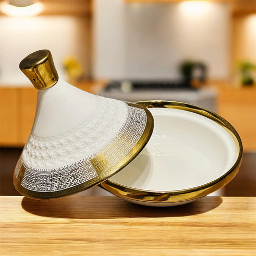 Decorative Ceramic Tagine – White & Gold Artisan Finish