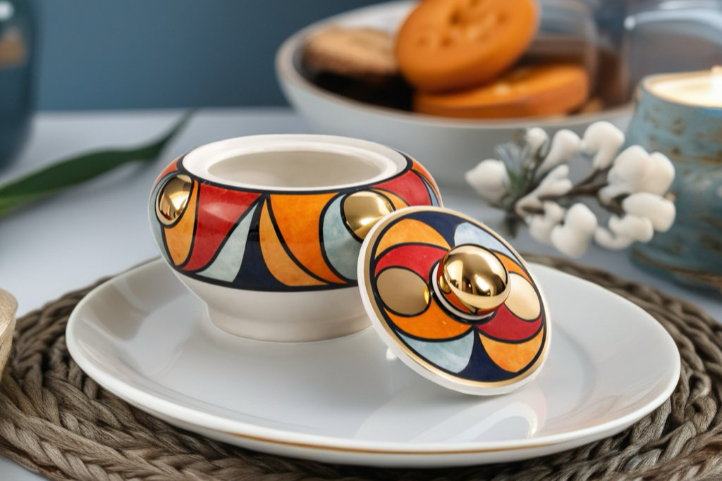 Handmade Sugar Pot – White Clay & 12K Gold