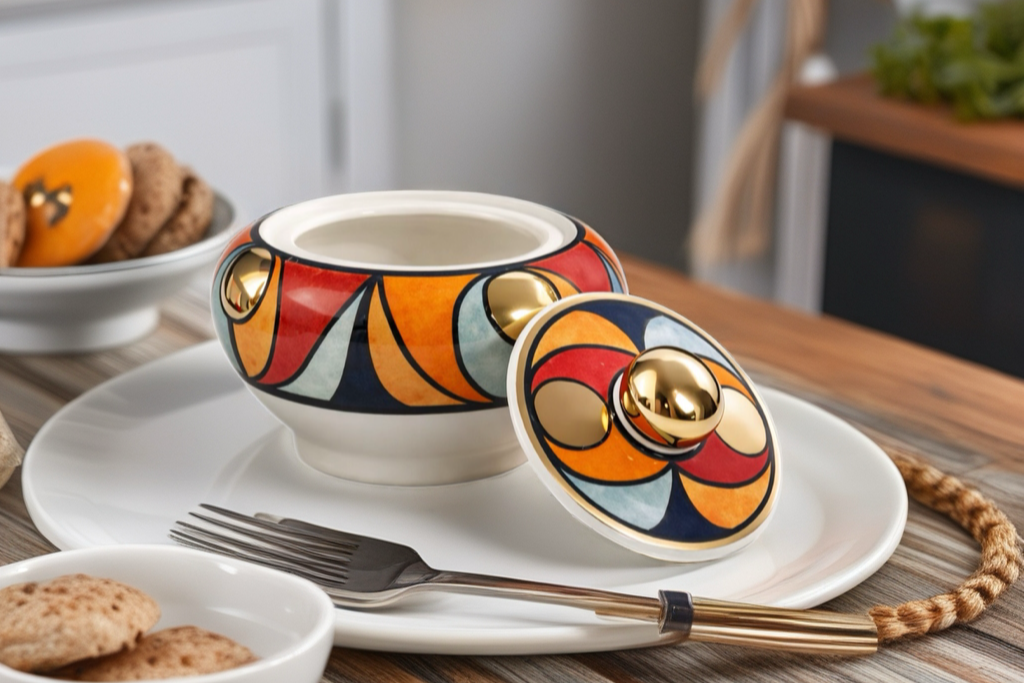 Handmade Sugar Pot – White Clay & 12K Gold