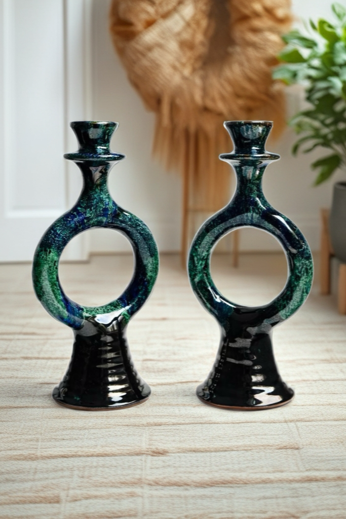Handmade Ceramic Sculptural Candle Holders – Green & Blue Glaze